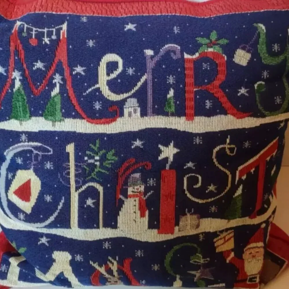 Vtg Merry Christmas Throw Pillow Decorative Tapestry Snowman, Santa, Deer 17